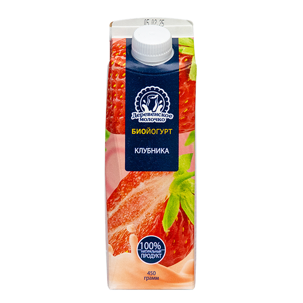 Биойогурт ДЕРЕВЕНСКОЕ МОЛОЧКО клубника бзмж 2.5% пюр/пак 450г