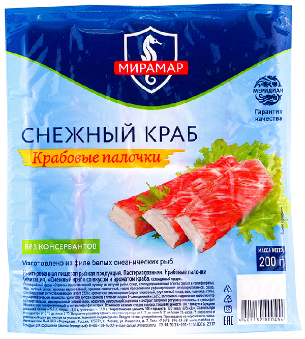 Крабовые палочки МЕРИДИАН Мирамар снежный краб охл 200г