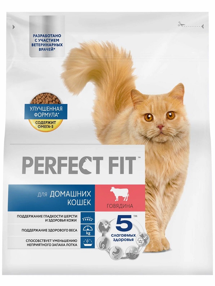 Корм для кошек ПЕРФЕКТ ФИТ с говядиной для домашних 1.2кг