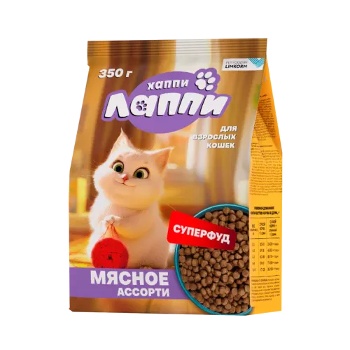 Корм для кошек ХАППИ ЛАППИ Мясное ассорти для взрослых 350г