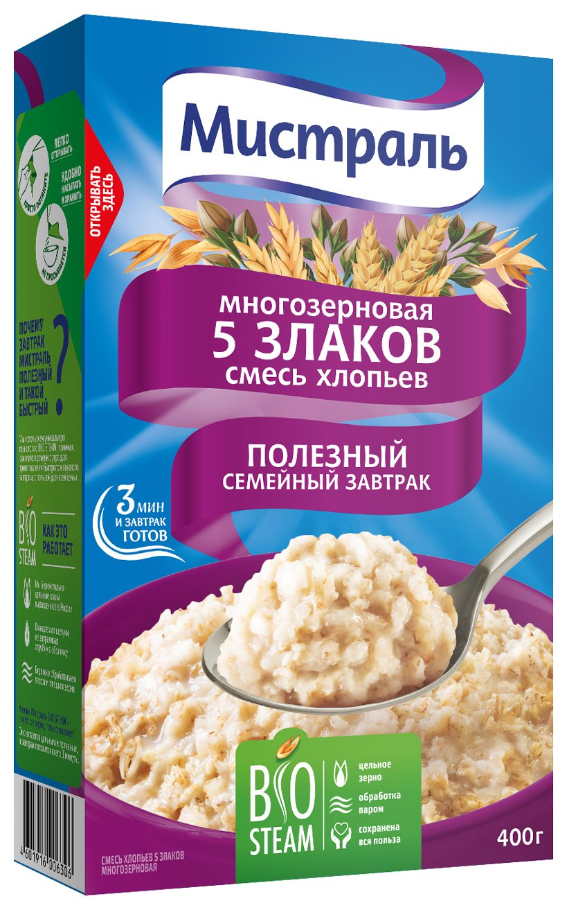 Хлопья МИСТРАЛЬ Смесь 5 злаков карт/уп 400г