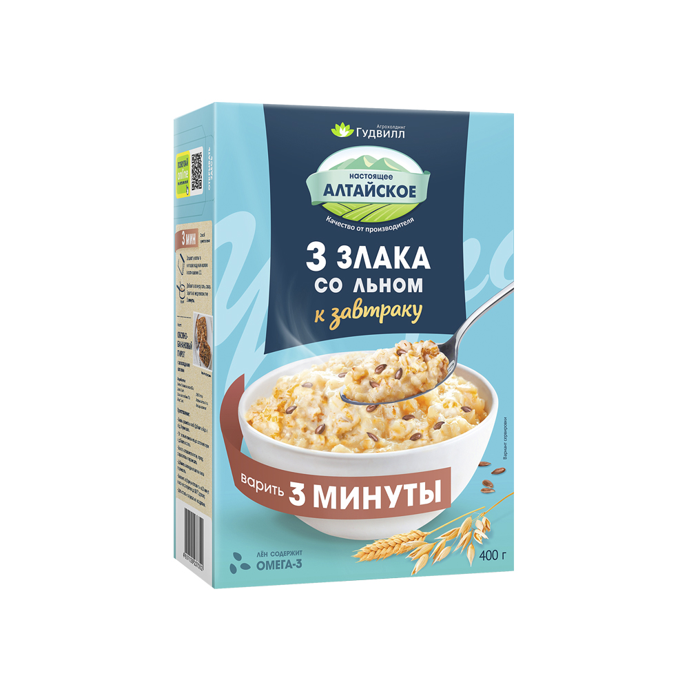 Хлопья ГУДВИЛЛ 3 злака со льном не требующие варки карт/уп 400г