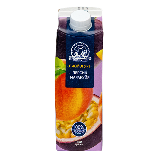 Биойогурт ДЕРЕВЕНСКОЕ МОЛОЧКО персик маракуйя бзмж 2.5% пюр/пак 450г