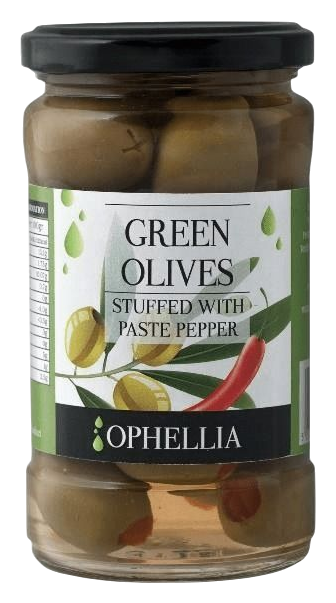 Оливки ОФЕЛЛИЯ зеленые фаршированные с красным перцем ст/б 370мл