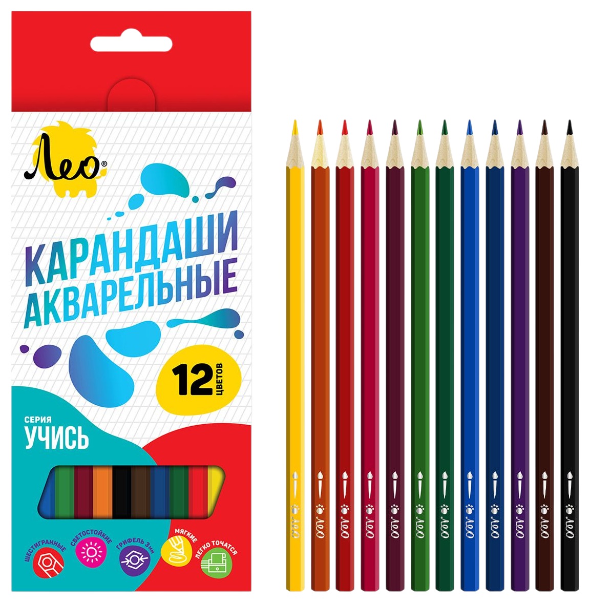 Карандаши цветные ЛЕО Учись акварельные 12цв арт.LNSWP-12