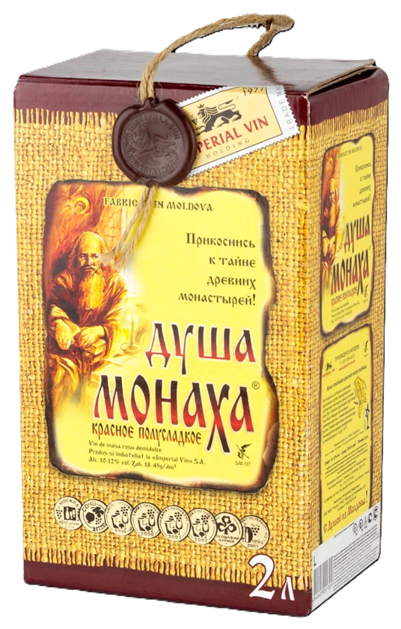 Вино ДУША МОНАХА красное п/сл 10-12% т/пак 2л