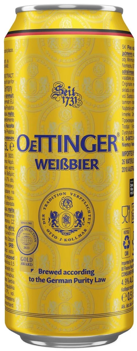 Пиво ОТТИНГЕР Вайссбир светлое пшеничное нефильтрованное 4.9% ж/б 0.5л