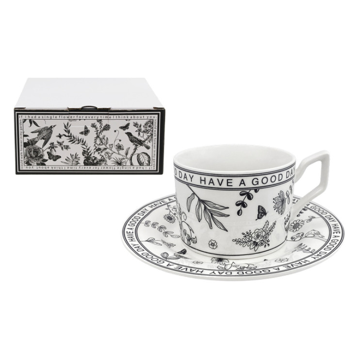 Чайная пара НАТАМ Блэк&Уайт чашка 250мл с блюдцем с листьями арт.GFSBWL-2