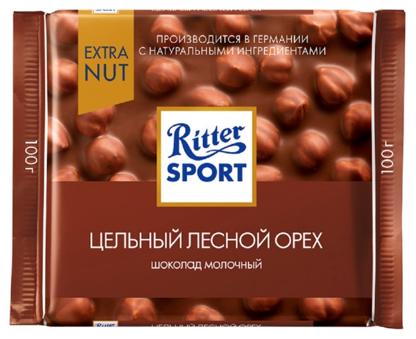 Шоколад РИТТЕР СПОРТ Экстранат молочный с цельным лесным орехом 100г