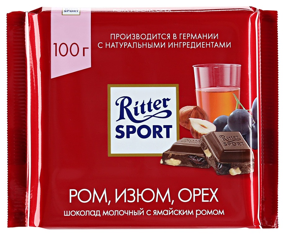 Шоколад РИТТЕР СПОРТ молочный ямайский ром изюм орех 100г