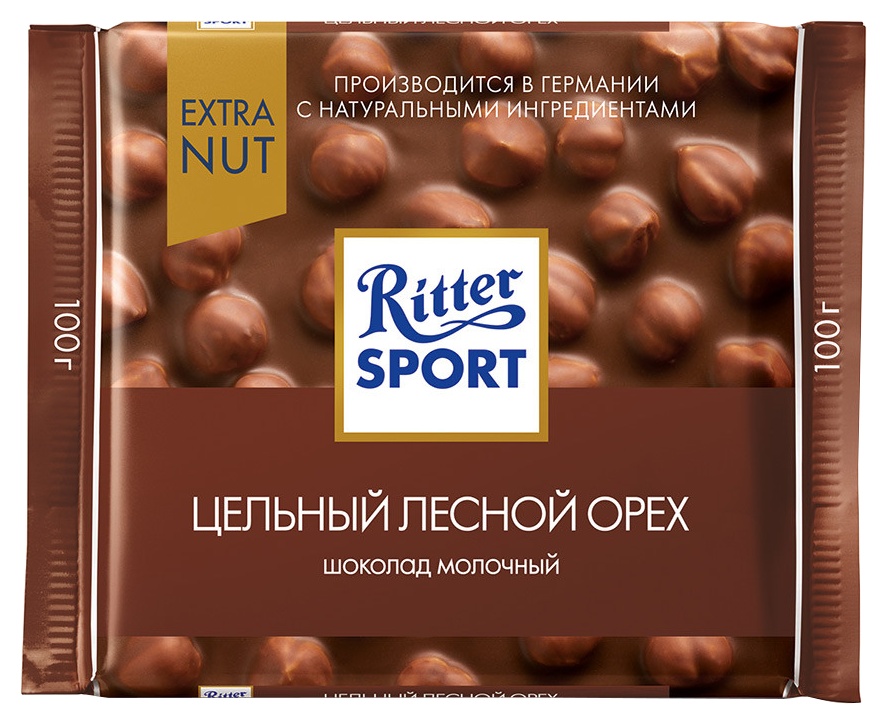 Шоколад РИТТЕР СПОРТ Экстранат молочный с цельным лесным орехом 100г