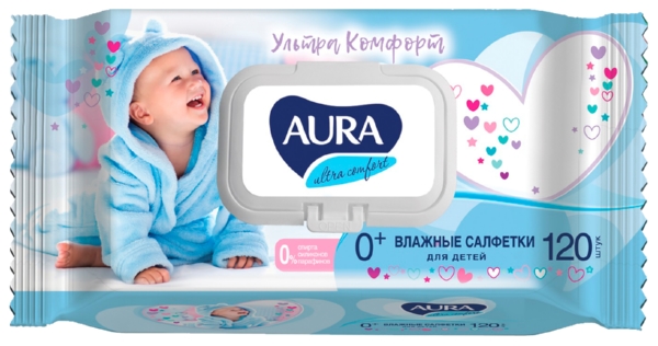 Влажные детские салфетки АУРА с экстрактом Алоэ и витамином Е 120шт
