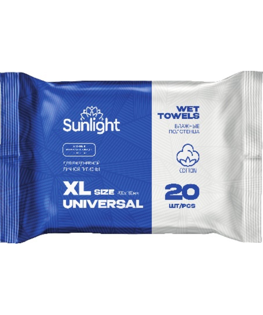 Влажные салфетки САНЛАЙТ Универсал хлопок XL 20шт