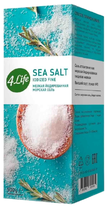 Соль морская 4ЛАЙФ йодированная мелкая бум/уп 500г