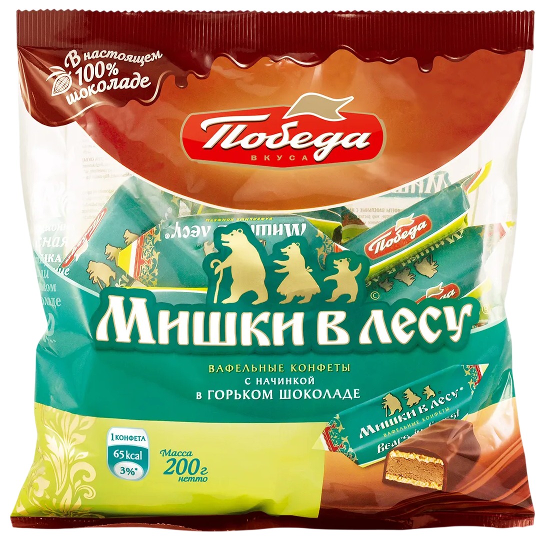 Конфеты ПОБЕДА Мишки в лесу в горьком шоколаде м/у 200г