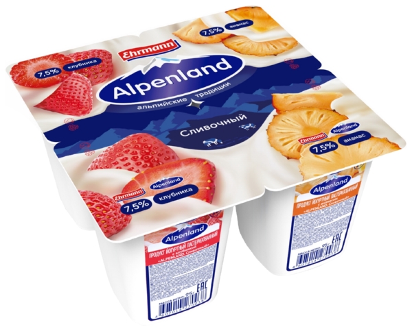 Йогуртный продукт АЛЬПЕНЛАНД сливочный клубника ананас бзмж 7.5% 95г