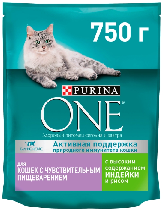 Корм для кошек ПУРИНА ВАН с чувствительным пищеварением с индейкой и рисом 750г