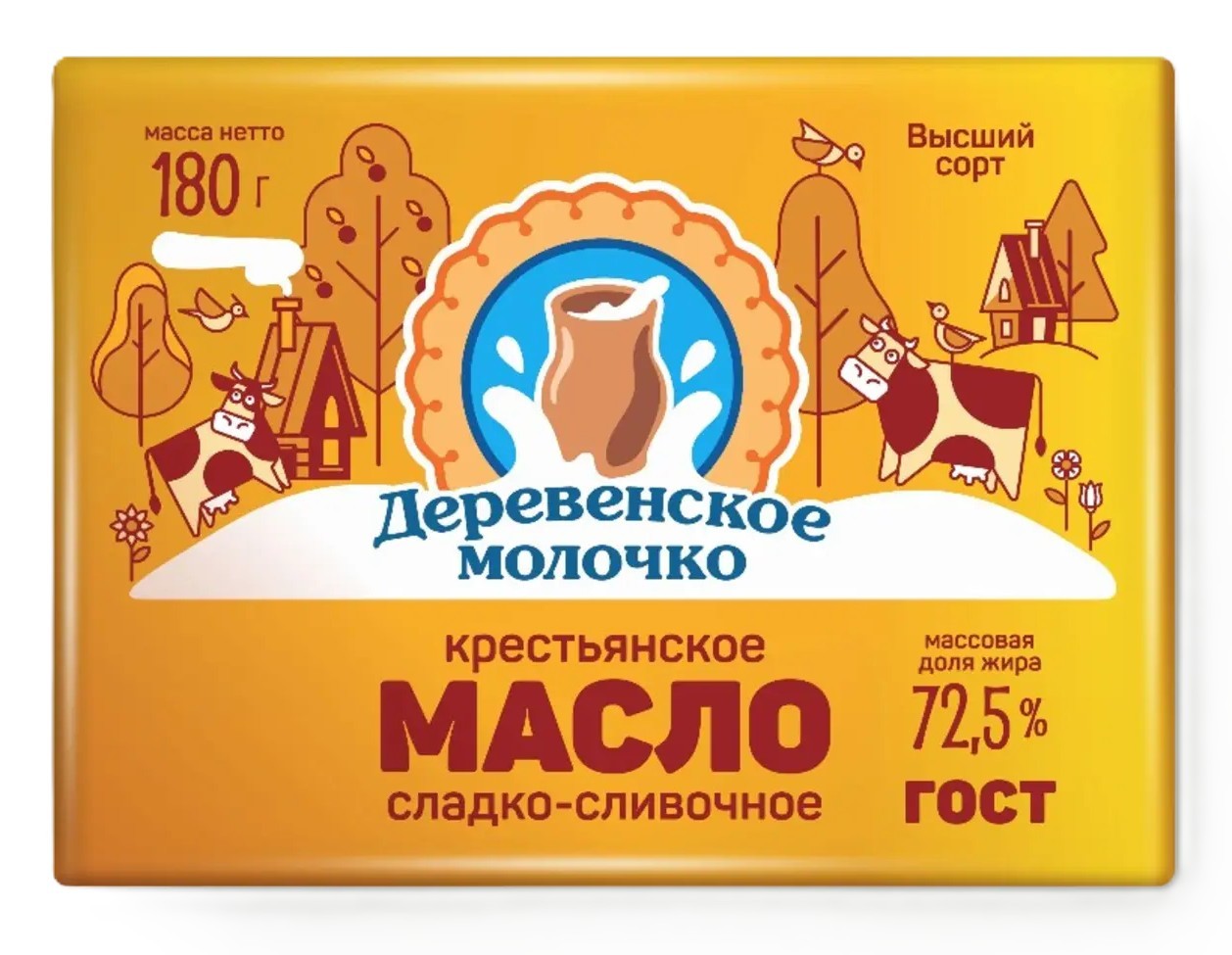 Масло сладко-сливочное ДЕРЕВЕНСКОЕ МОЛОЧКО Крестьянское несоленое бзмж 72.5% 180г