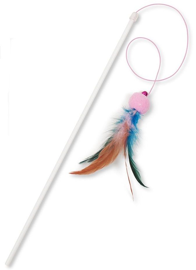 Игрушка для кошки ПЛЕЙ КЭТ Дразнилка удочка шарик с перьями и погремушкой