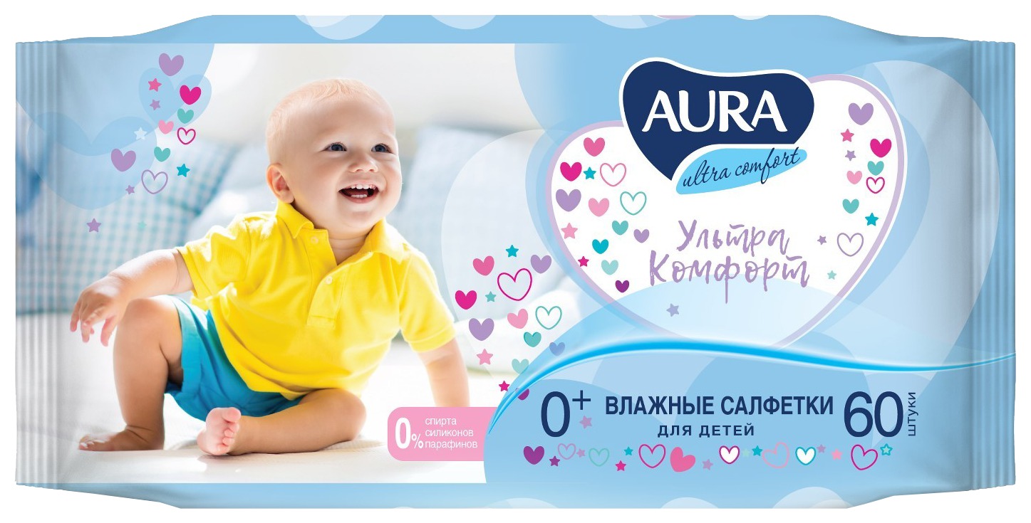 Влажные детские салфетки АУРА Ультра комфорт 60шт