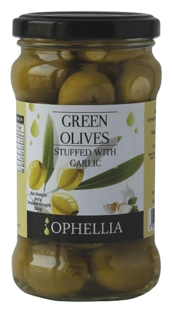 Оливки ОФЕЛЛИЯ зеленые фаршированные с чесноком ст/б 370мл