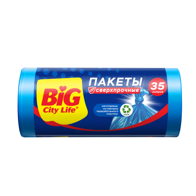 Пакеты для мусора БИГ СИТИ ЛАЙФ Сверхпрочные с затяжками синие 35л 15шт
