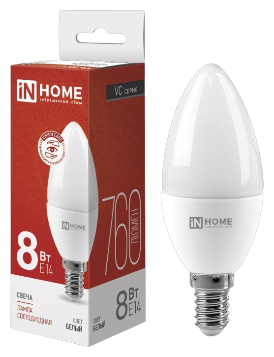 Лампа светодиодная ИН ХОУМ Свеча 8Вт 4000К 760Лм Е14