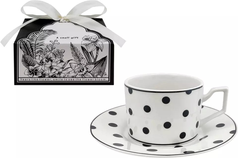 Чайная пара НАТАМ Блэк&Уайт чашка 250мл с блюдцем в горох арт.GFSBWP-2