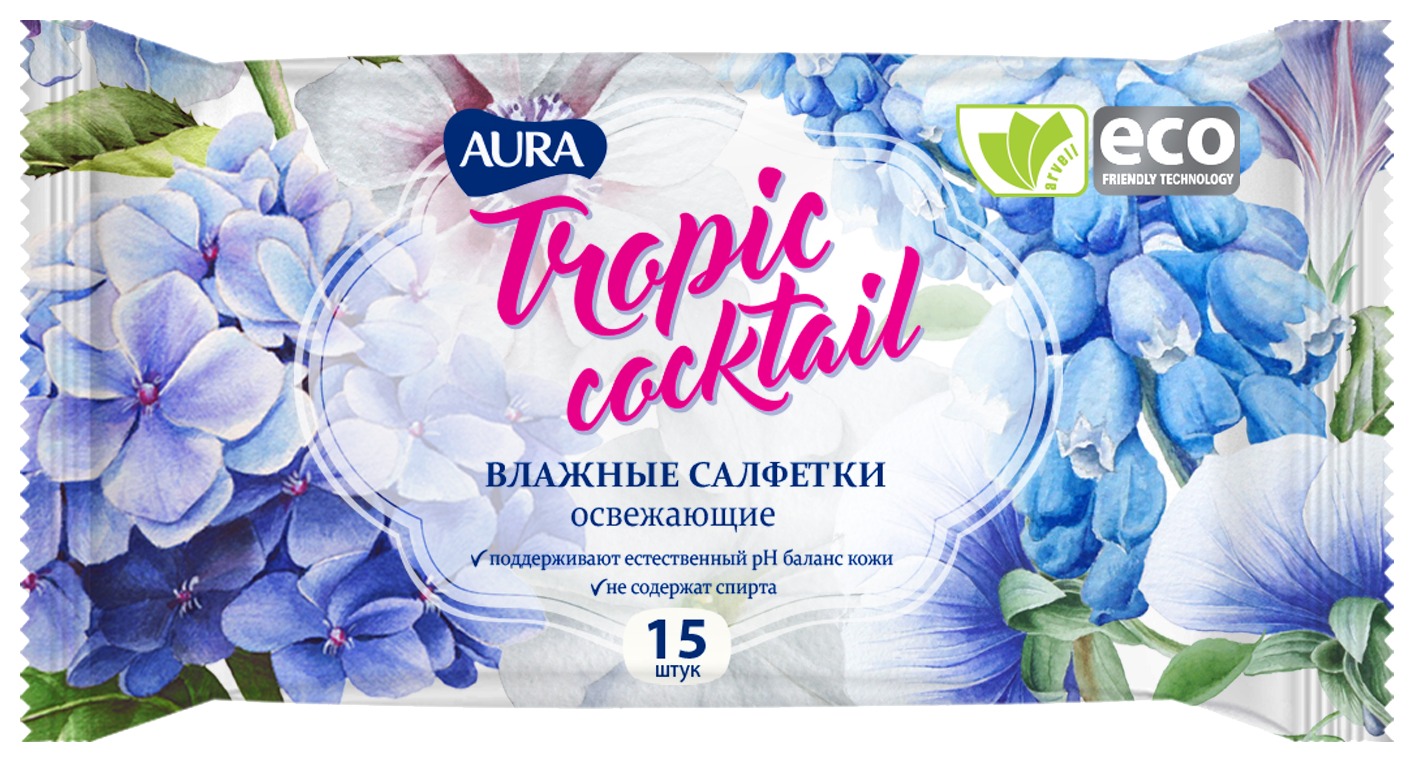 Влажные салфетки АУРА Тропический коктейль в ассортименте 15шт