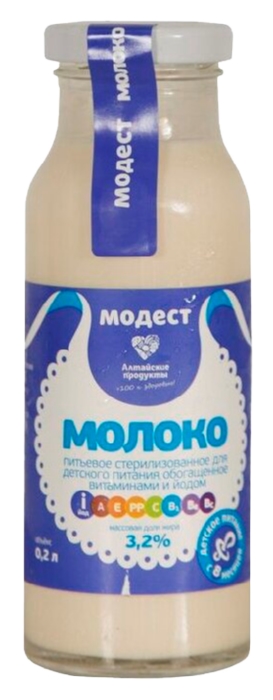 Молоко МОДЕСТ Детское витаминизированное с йодом бзмж 3.2% ст/б 200мл
