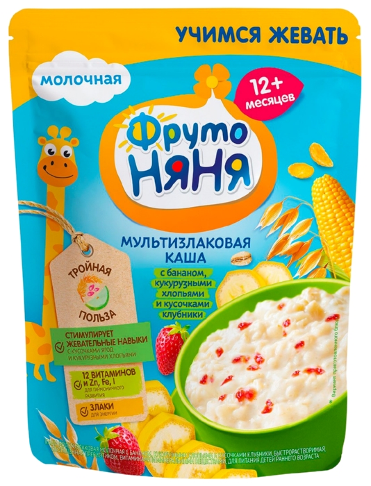 Каша ФРУТОНЯНЯ мультизлаковая банан клубника кукурузные хлопья молочная бзмж м/у 200г