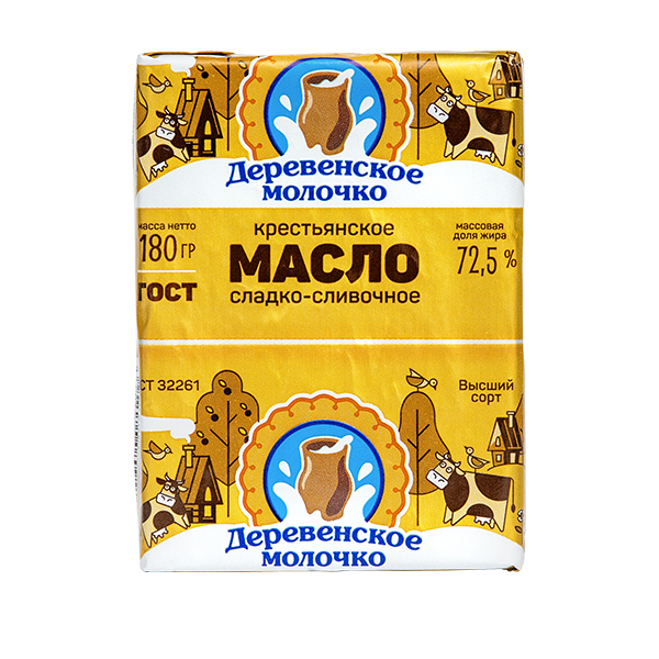Масло сладко-сливочное ДЕРЕВЕНСКОЕ МОЛОЧКО Крестьянское несоленое бзмж 72.5% 180г