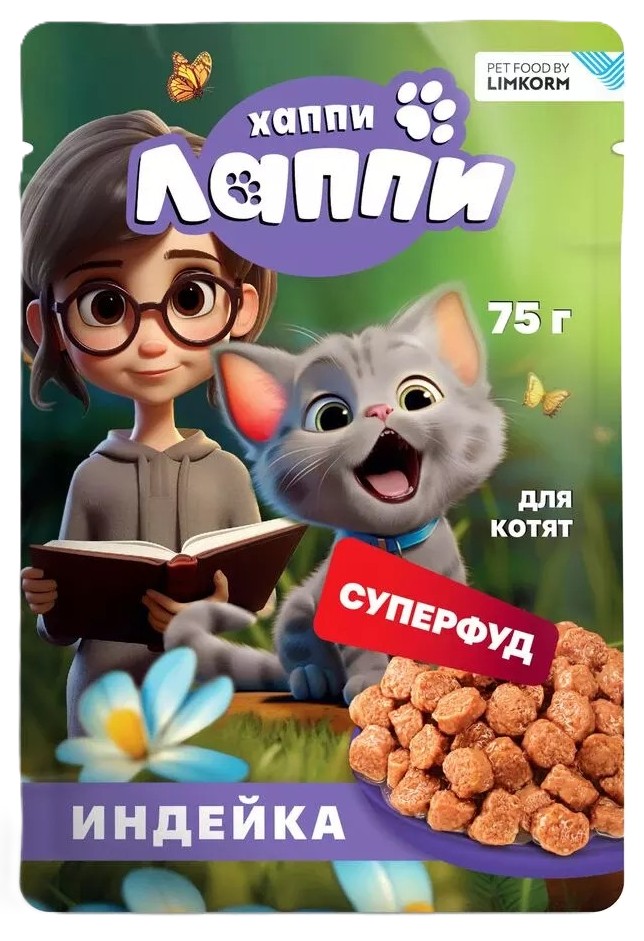 Корм для котят ХАППИ ЛАППИ с индейкой в соусе 75г