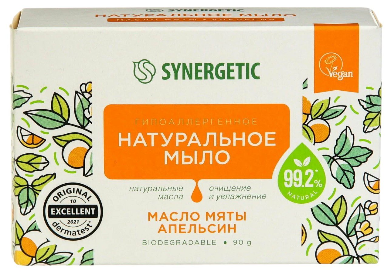 Мыло туалетное СИНЕРГЕТИК Натуральное масло мяты и апельсин 90г