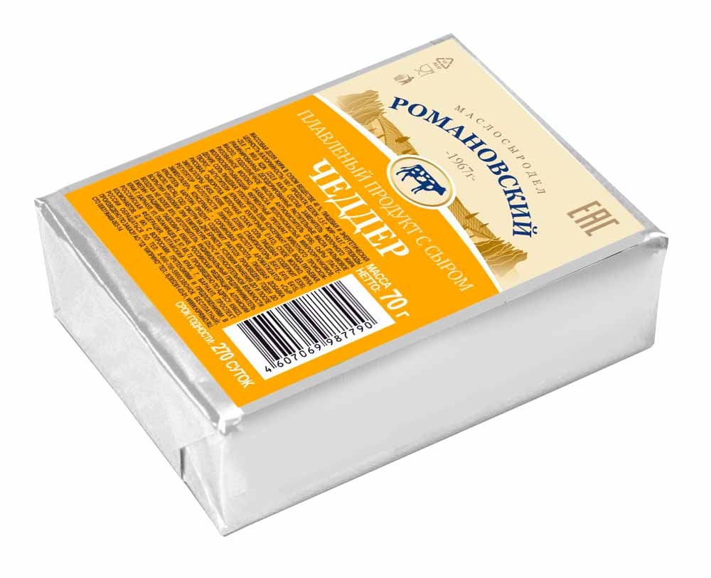 Плавленый продукт с сыром РОМАНОВСКИЙ Чеддер сзмж 40% 70г