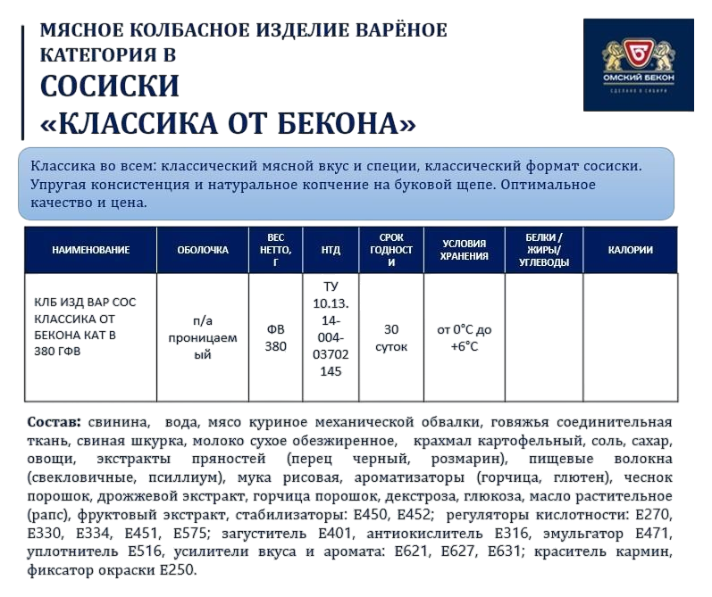 Сосиски ОМСКИЙ БЕКОН Классика от бекона 380г