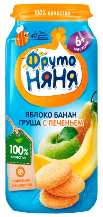 Пюре ФРУТОНЯНЯ яблоко банан груша c печеньем ст/б 250г