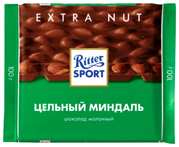 Шоколад РИТТЕР СПОРТ Экстранат молочный с цельным миндалем 100г