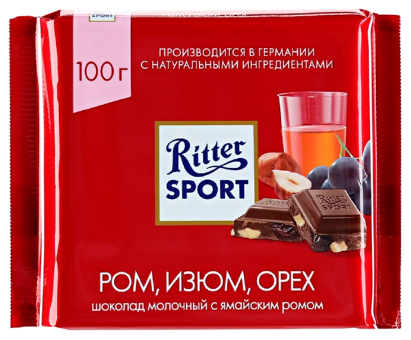 Шоколад РИТТЕР СПОРТ молочный ямайский ром изюм орех 100г