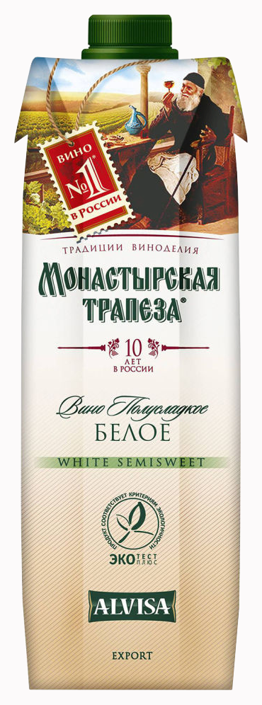 Вино МОНАСТЫРСКАЯ ТРАПЕЗА белое п/сл 10-12% т/пак 1л