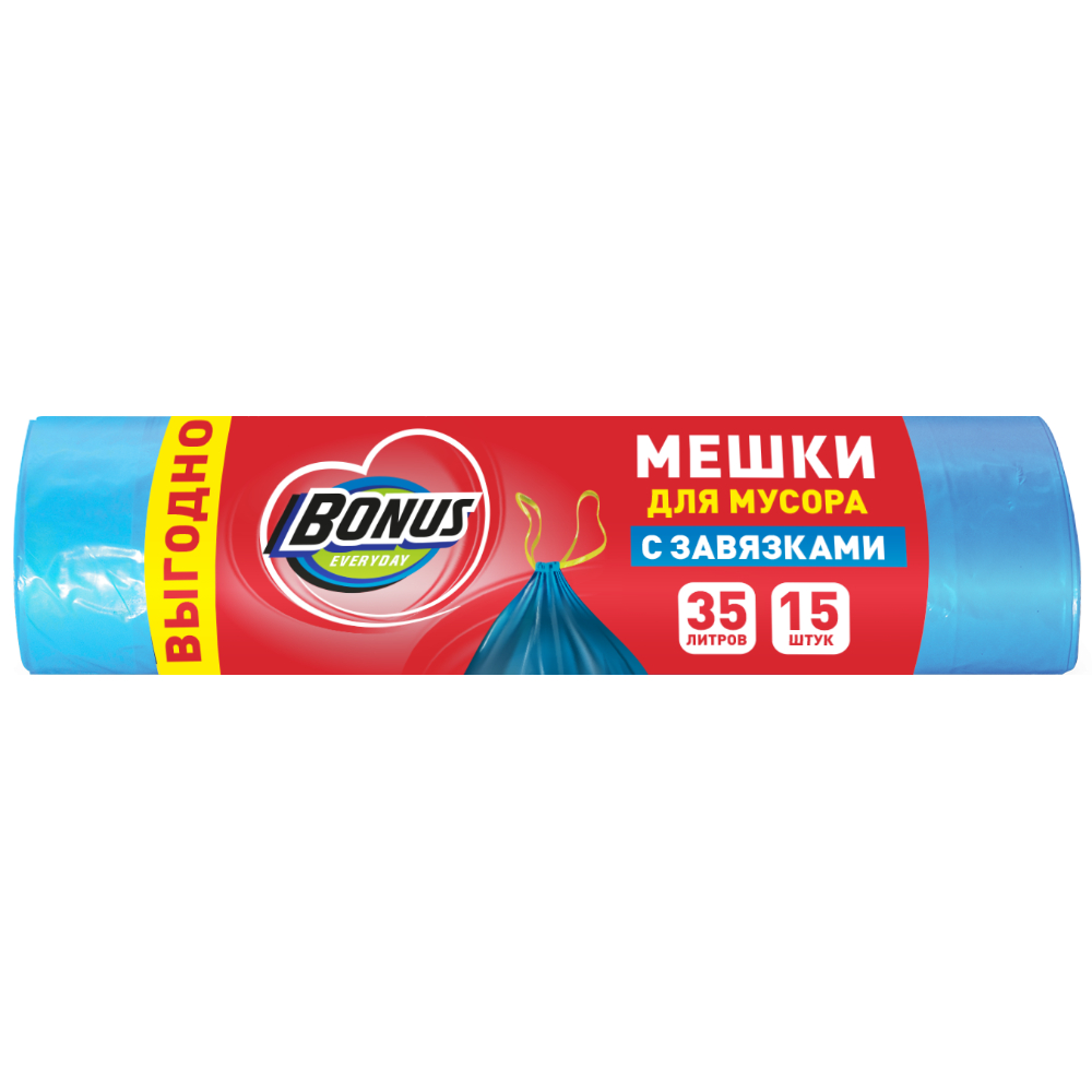 Мешки для мусора БОНУС синие с завязками 35л 15шт