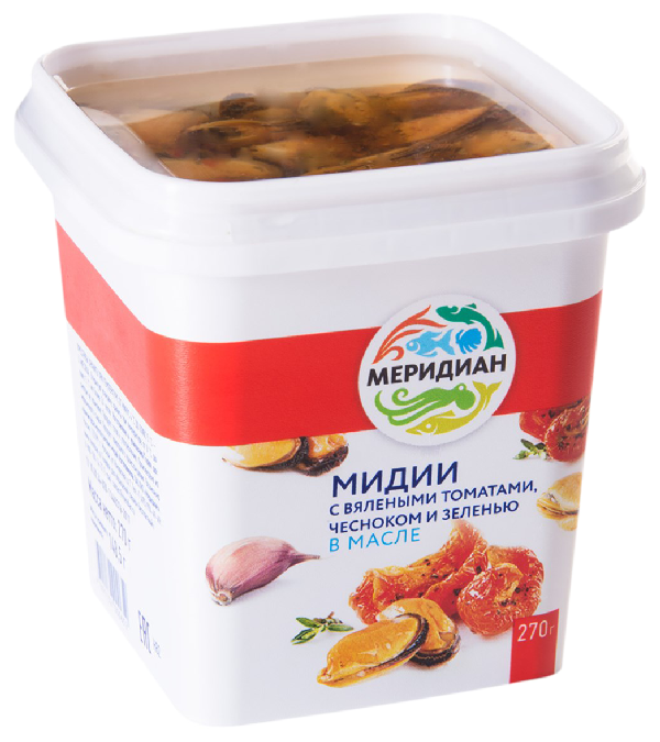 Мидии МЕРИДИАН в масле с вялеными томатами чесноком и зеленью 270г