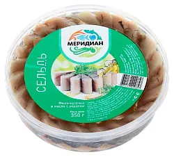 Сельдь МЕРИДИАН филе-кусочки в масле с укропом 350г