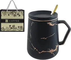 Кружка НАТАМ Ориджинал 450мл с ложкой и крышкой черная ПУ арт.CFSMBG-3