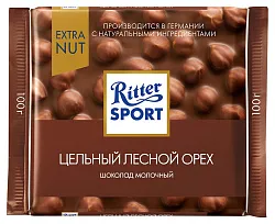 Шоколад РИТТЕР СПОРТ Экстранат молочный с цельным лесным орехом 100г