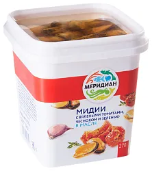 Мидии МЕРИДИАН в масле с вялеными томатами чесноком и зеленью 270г
