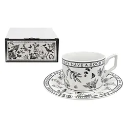 Чайная пара НАТАМ Блэк&Уайт чашка 250мл с блюдцем с листьями арт.GFSBWL-2
