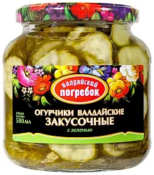 Огурчики ВАЛДАЙСКИЙ ПОГРЕБОК Валдайские закусочные с зеленью ст/б 500мл