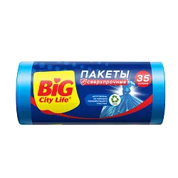 Пакеты для мусора БИГ СИТИ ЛАЙФ Сверхпрочные с затяжками синие 35л 15шт