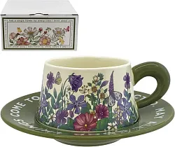 Чайная пара НАТАМ Флауерс чашка 300мл с блюдцем Д16.5см зеленая арт.GFSFG-2